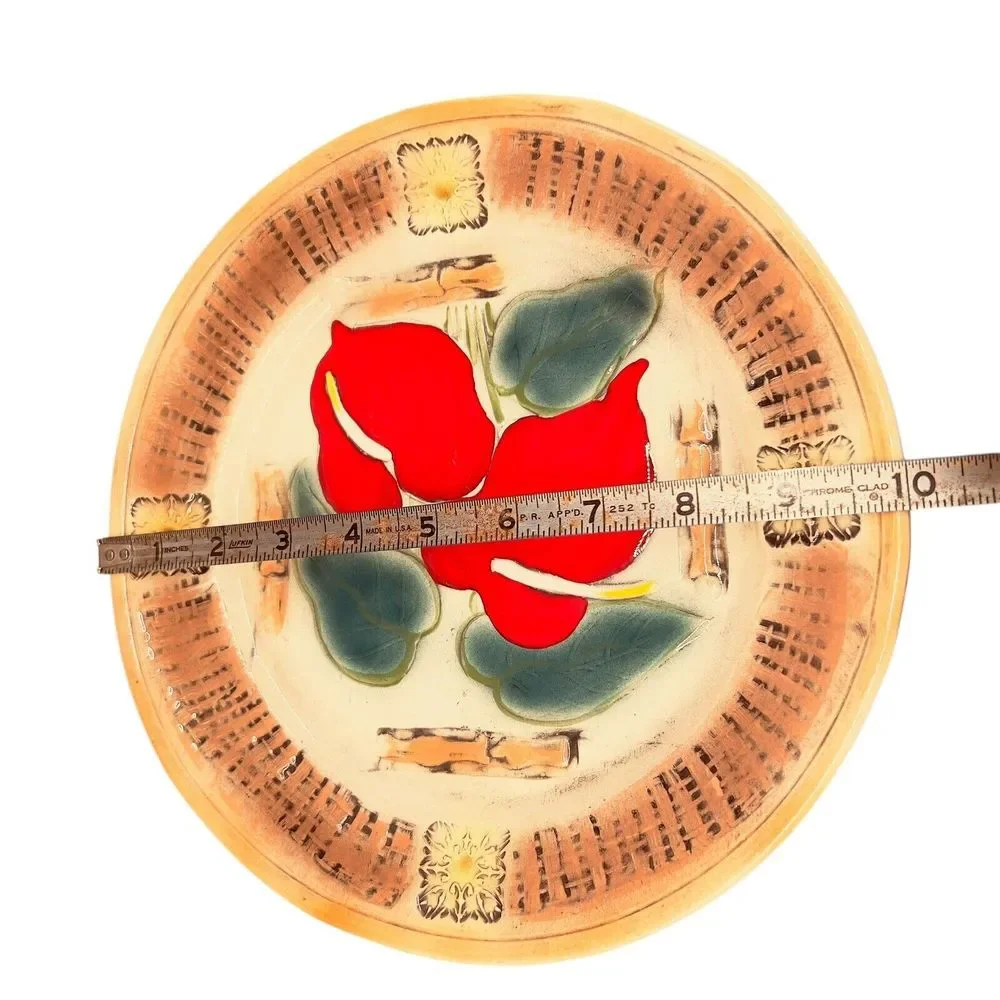 Kani Of Hawaii Handmade Pottery Plate 10" Gold / Red Anthurium & Green Leaves‎ - Picture 5 of 5